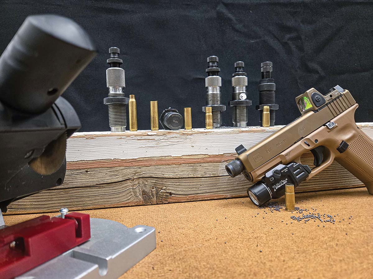 The case forming process from start to finish: (1) A fired 223 Remington case full-length sized, (2) a rough cut is made to remove the shoulder and shorten the case. (3) a final trim uniforms the case mouth and sets the OAL at 1.110-inches, (4) a Redding 32 H&R die set to create a false shoulder about .755 inches from the base forms the case – the case is then charged with powder shot and wads which are seated using a Redding 32 H&R magnum expanding die and (5) the final step is to crimp the wad in place and roll the edge of the case to form the cone shape, promoting proper feed and function in the firearm.